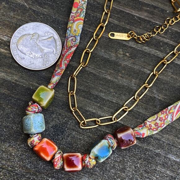 NEW Ceramic Bead & Paisley Printed Cloth Layering Necklace Set - Picture 7 of 9